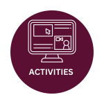 Icono de Actividades (UPR Resiliency Law Center) color vino que contiene una computadora con una silueta de una persona grabando un video.